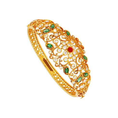 Cuff Style Gold Bracelet Adorned With Gemstones