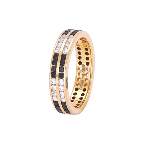 Gold ring with diamonds and black gemstones